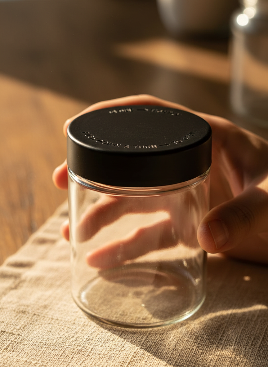 18 oz Child-Resistant Glass Jars (24 Pack) – Airtight, Odor-Proof Cannabis Packaging with Black Lids - Detail Closeup