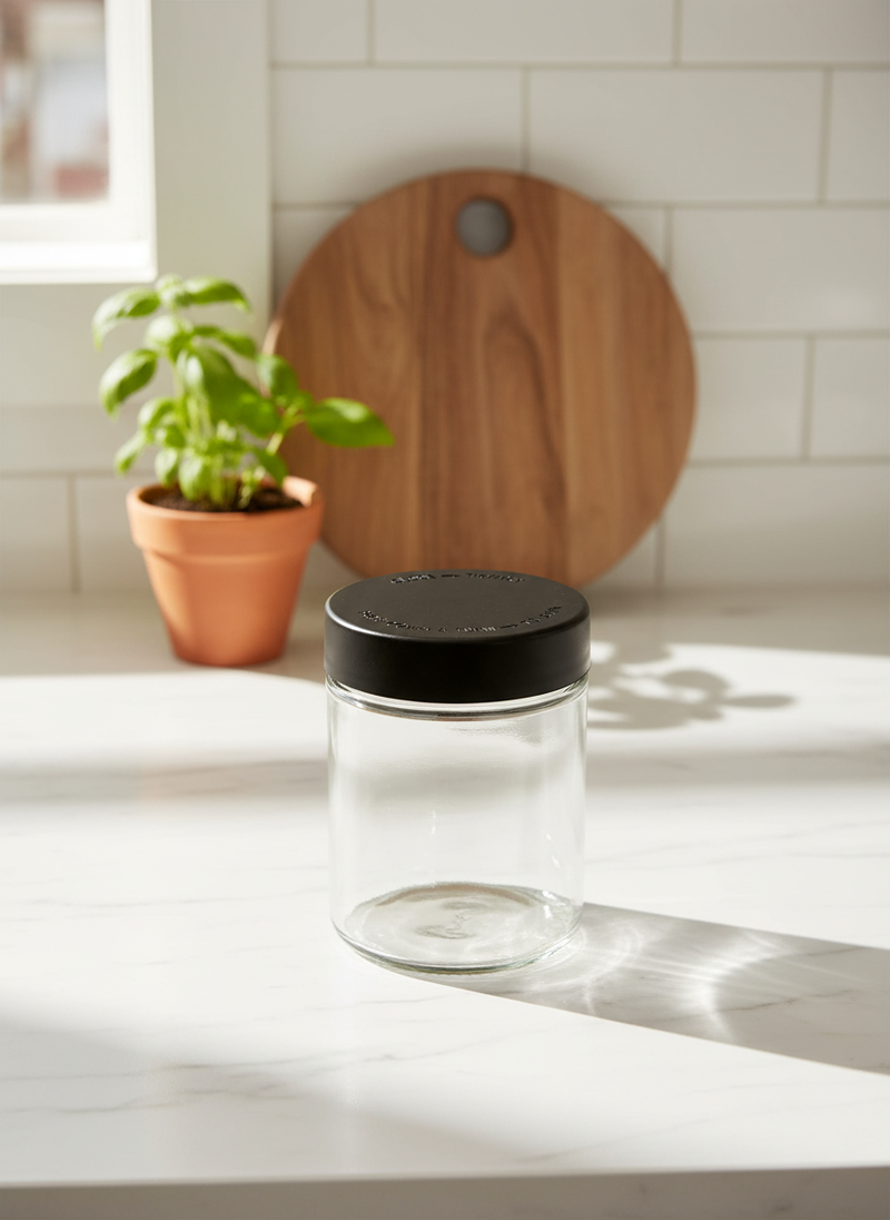 18 oz Child-Resistant Glass Jars (24 Pack) – Airtight, Odor-Proof Storage Packaging with Black Lids - Kitchen Lifestyle