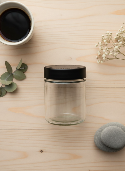 18 oz Child-Resistant Glass Jars (24 Pack) – Airtight, Odor-Proof Cannabis Packaging with Black Lids - Overhead Flatlay