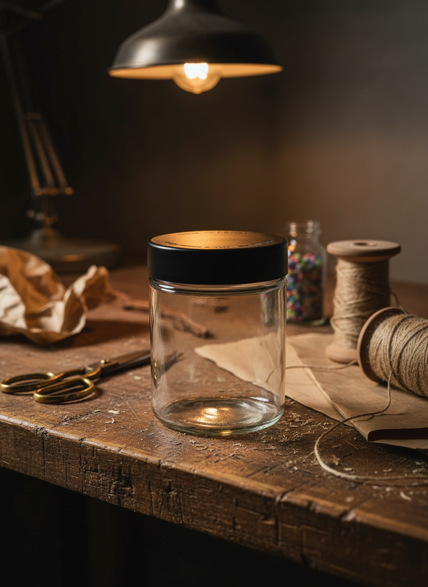 18 oz Child-Resistant Glass Jars (24 Pack) – Airtight, Odor-Proof Cannabis Packaging with Black Lids - Workspace Scene