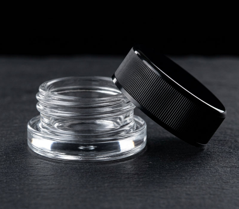 9ml Child Resistant Jar with ribbed black lid, editorial product shot