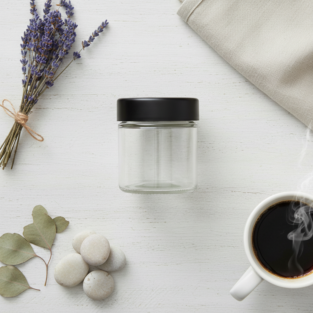 3oz Glass Jar with Black CR Lid - Overhead Flatlay