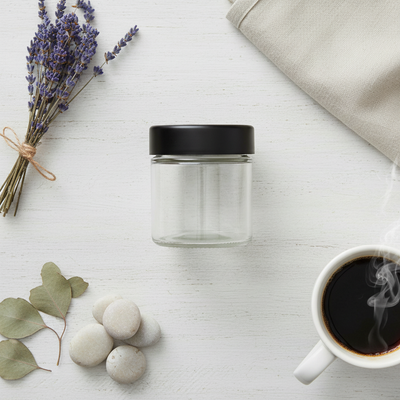 3oz Glass Jar with Black CR Lid - Overhead Flatlay