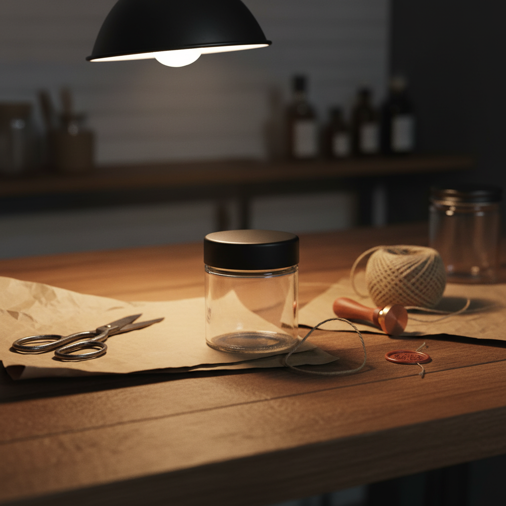 3oz Glass Jar with Black CR Lid - Workspace Scene