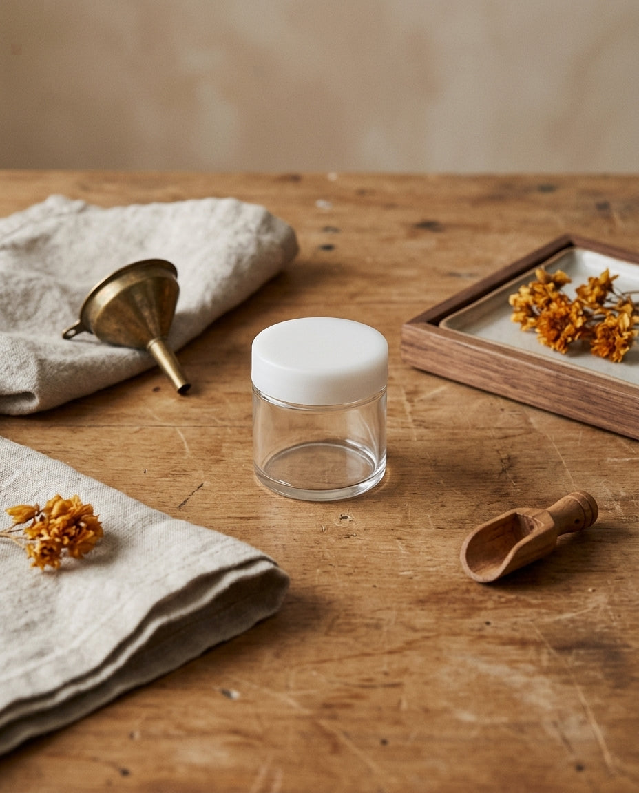 6ml Glass No-Neck Jar — workspace flatlay
