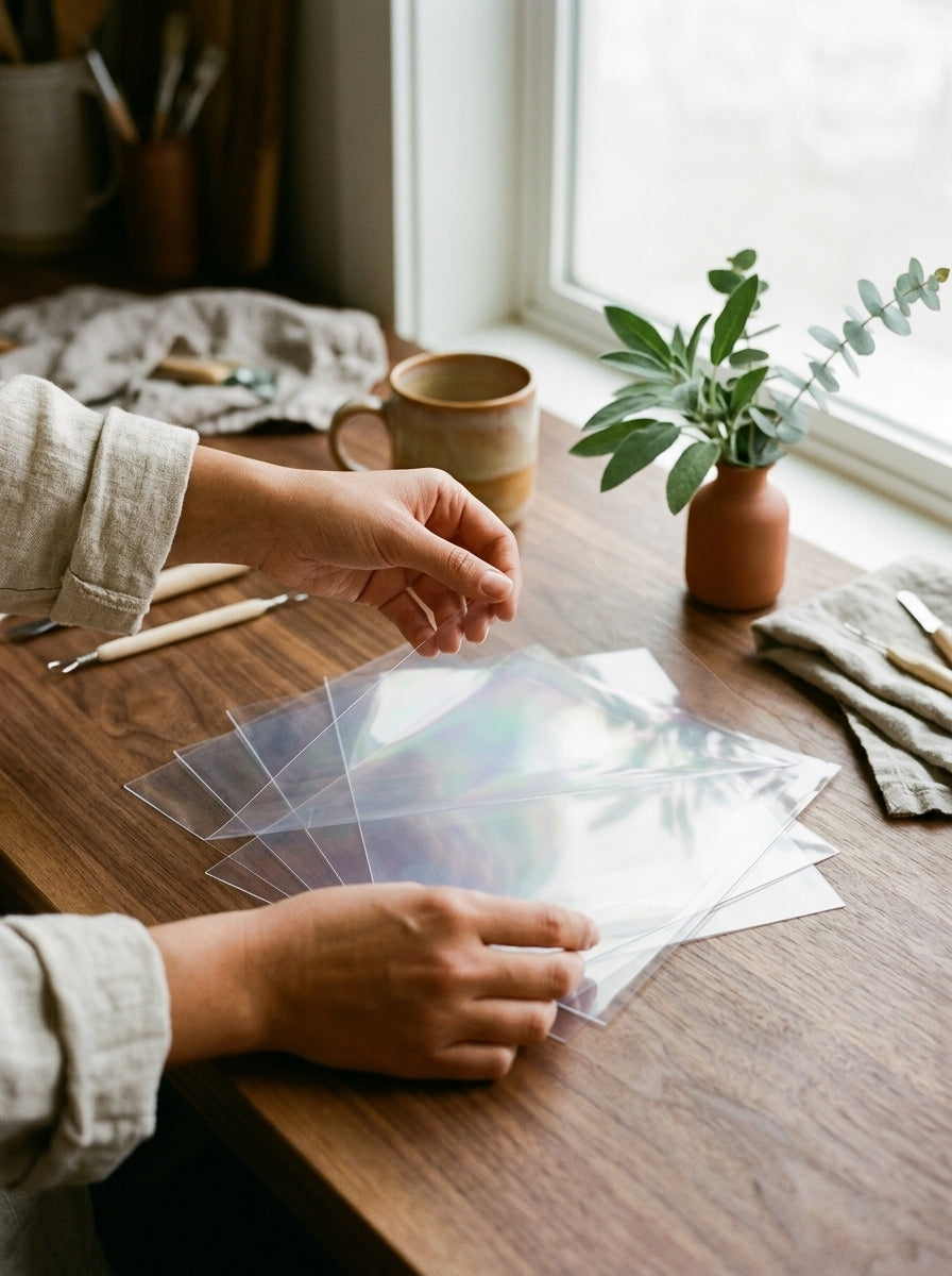 Kraft & Kitchen Clear FEP Sheets Precut — in use on a craft bench