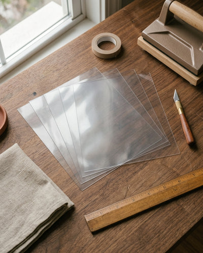 Kraft & Kitchen Clear FEP Sheets Precut — workspace flatlay