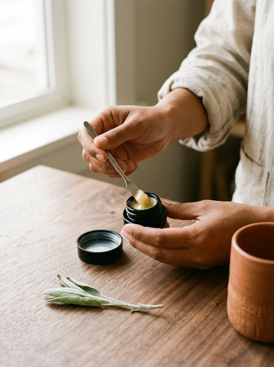 5ml UV Resistant Round Bottom Jar with Child Resistant Black Lids — in use on a craft bench