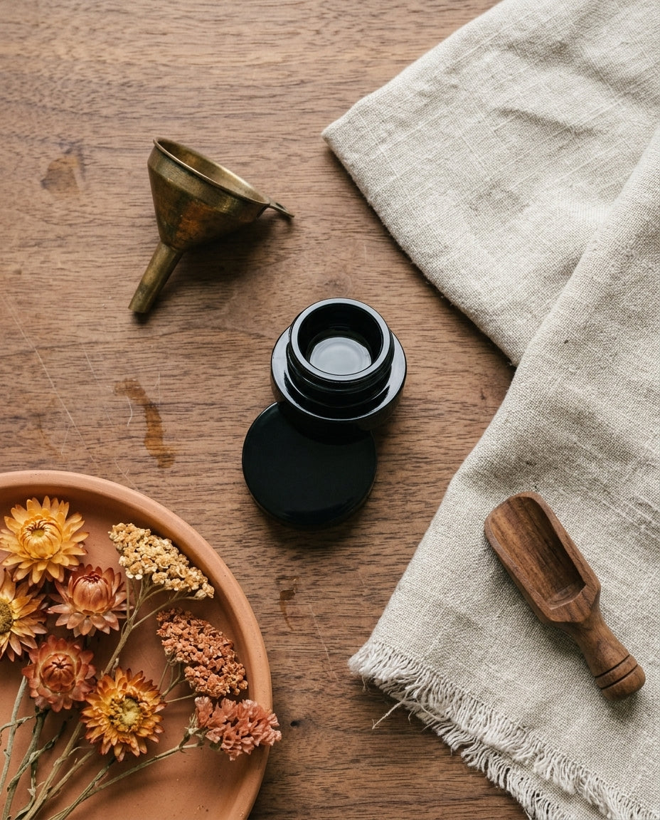 5ml UV Resistant Round Bottom Jar with Child Resistant Black Lids — workspace flatlay