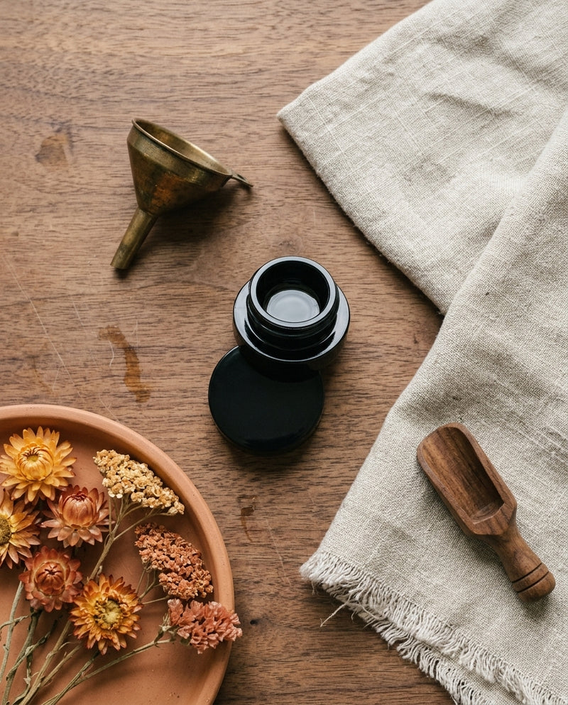 5ml UV Resistant Round Bottom Jar with Child Resistant Black Lids — workspace flatlay