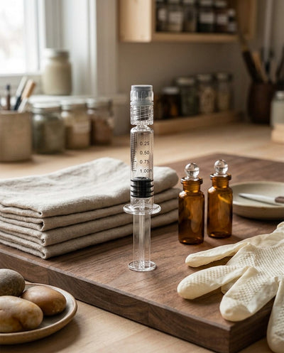 1ml Glass Syringe — workspace flatlay