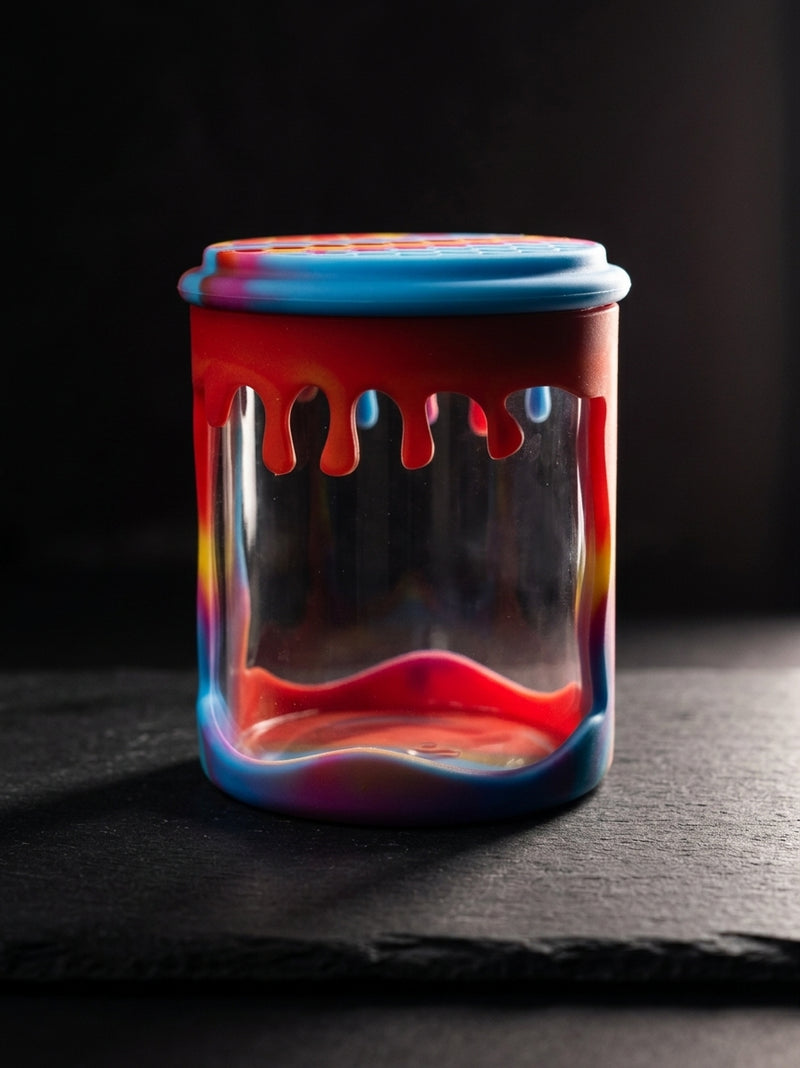 3oz Honey Jar with colorful drip silicone jacket, editorial product shot