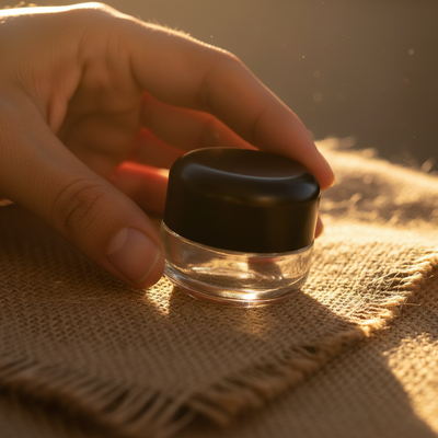 5ml Round Bottom Child Resistant Jar with Black Lids - Detail Closeup