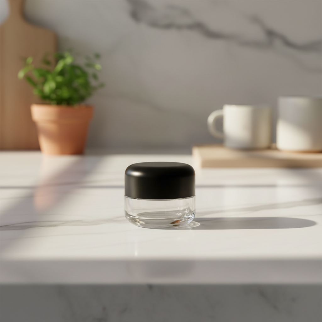 5ml Round Bottom Child Resistant Jar with Black Lids - Kitchen Lifestyle