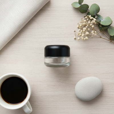 5ml Round Bottom Child Resistant Jar with Black Lids - Overhead Flatlay