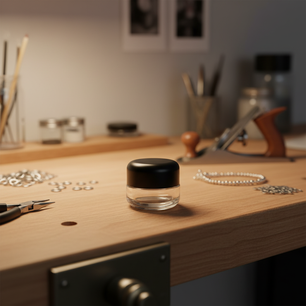 5ml Round Bottom Child Resistant Jar with Black Lids - Workspace Scene