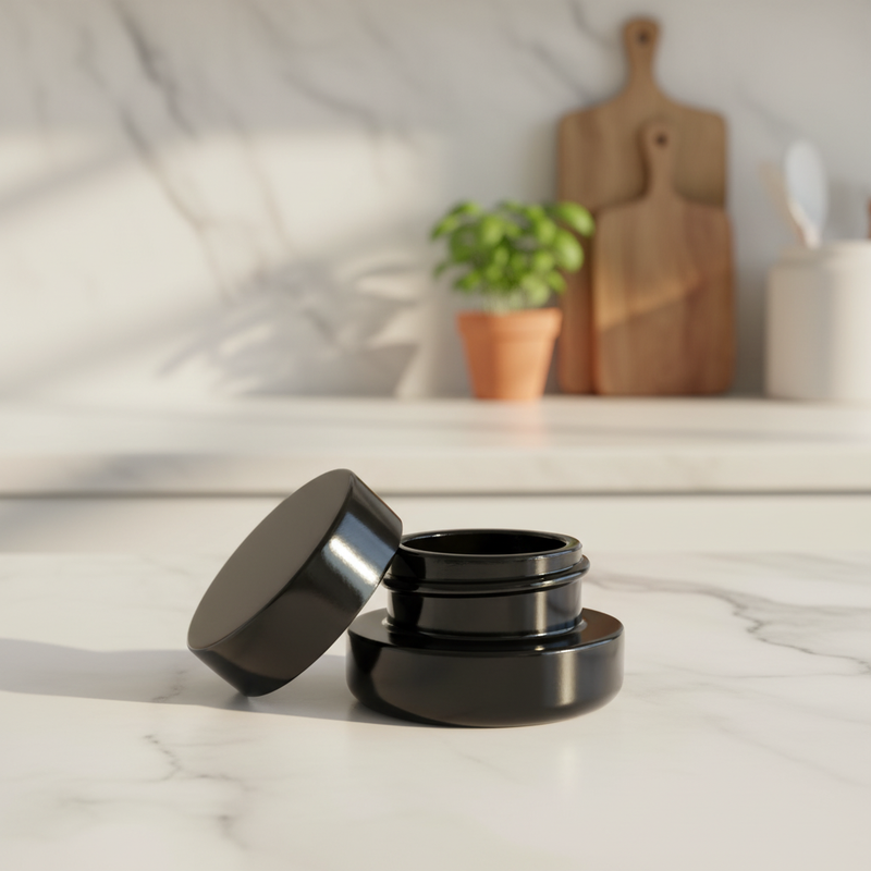 5ml UV Resistant Round Bottom Jar with Child Resistant Black Lids - Kitchen Lifestyle