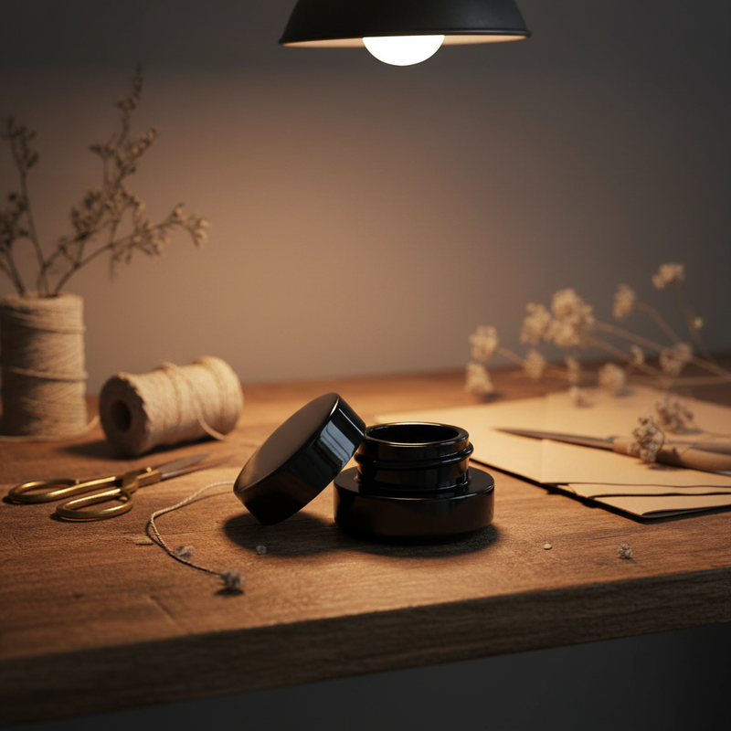 5ml UV Resistant Round Bottom Jar with Child Resistant Black Lids - Workspace Scene