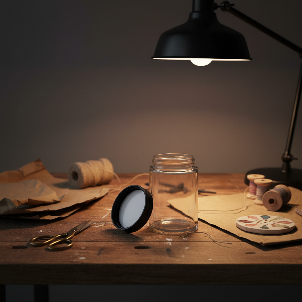 5oz Glass Jar with Black CR Lid - Workspace Scene