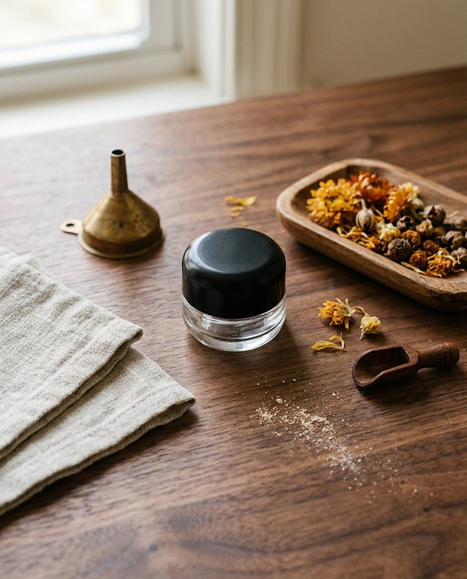 5ml Round Bottom Child Resistant Jar with Black Lids — workspace flatlay