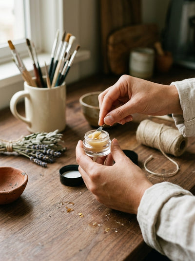 9ml Round Bottom Child Resistant Glass Jar with Lids — in use on a craft bench