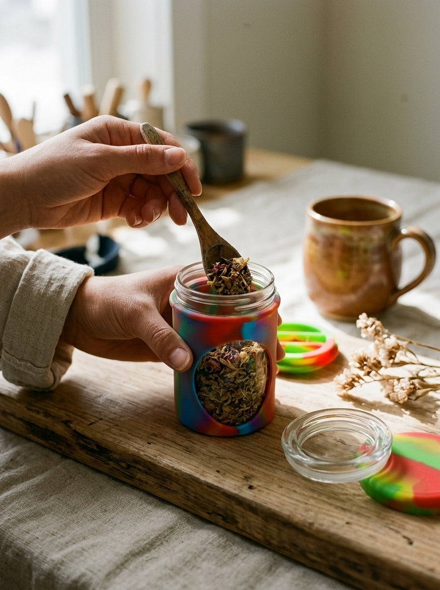 5oz Jar with Silicone Jar Jacket and Secret Container — in use on a craft bench