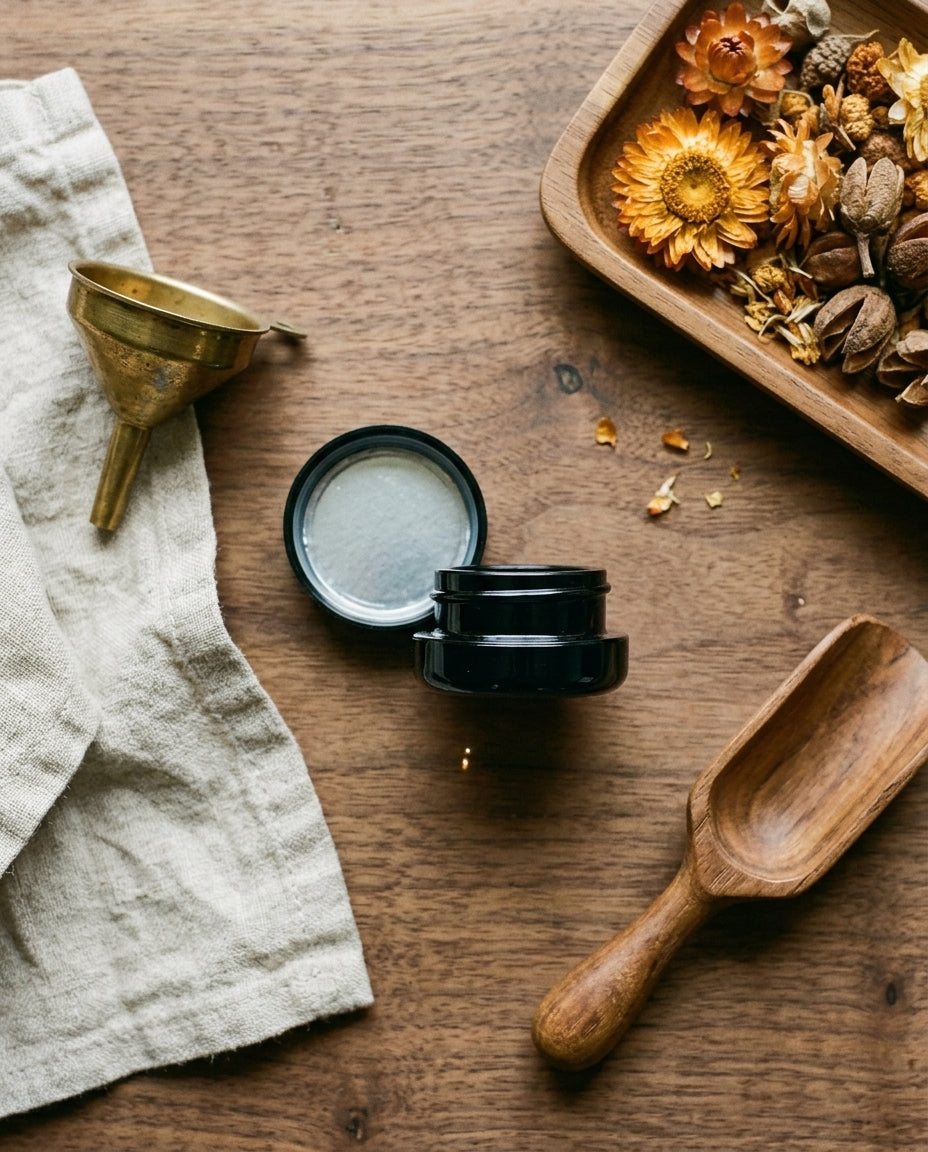 7ml UV Resistant Round Bottom Jar with Child Resistant Black Lids — workspace flatlay