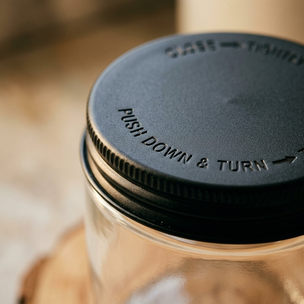 18 oz Child-Resistant Glass Jars (24 Pack) - Airtight, Odor-Proof Specialty Packaging with Black Lids — material and finish detail