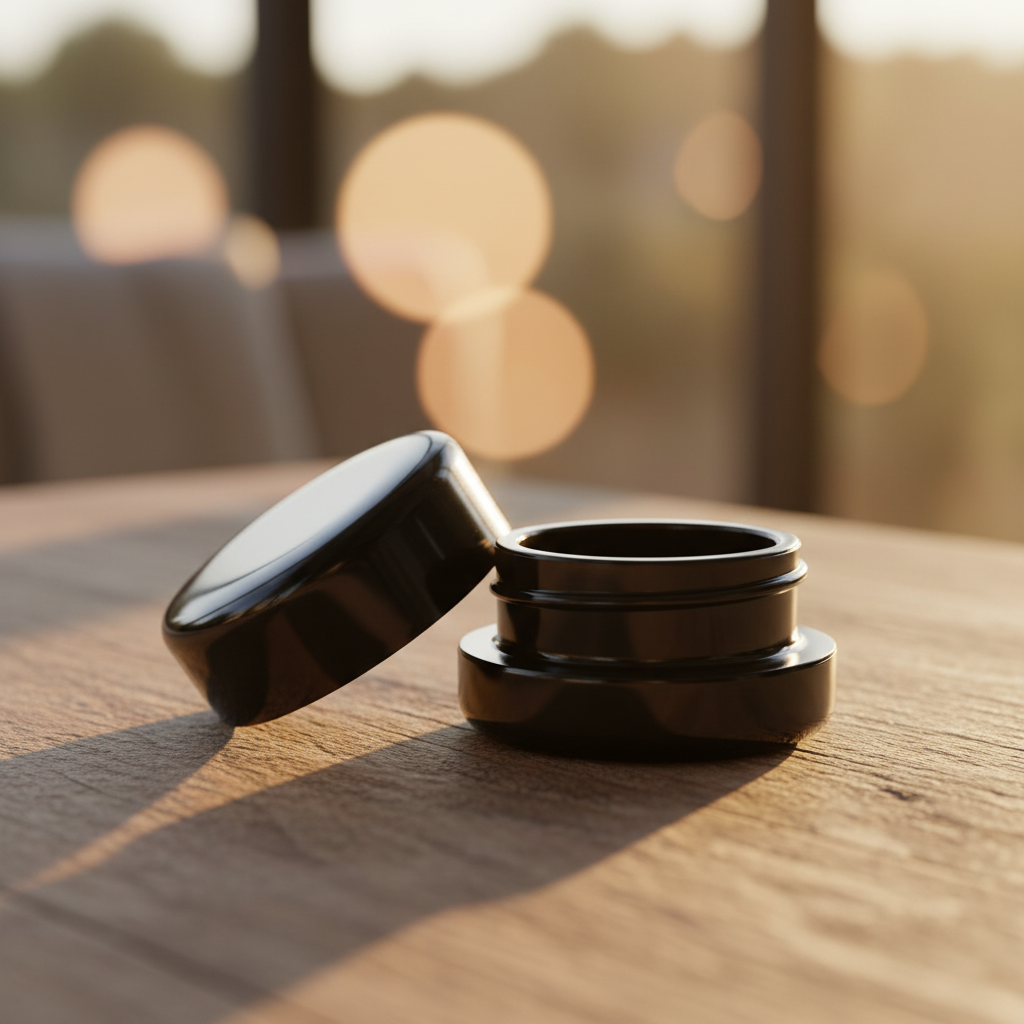 7ml UV Resistant Round Bottom Jar with Child Resistant Black Lids - Detail Closeup