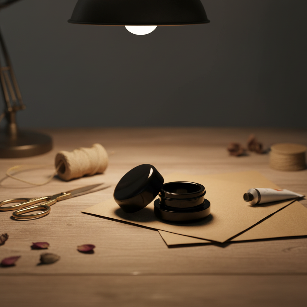 7ml UV Resistant Round Bottom Jar with Child Resistant Black Lids - Workspace Scene