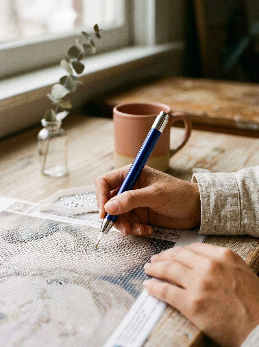 Luminous Point Drill Pen for Diamond Painting — in use on a craft bench