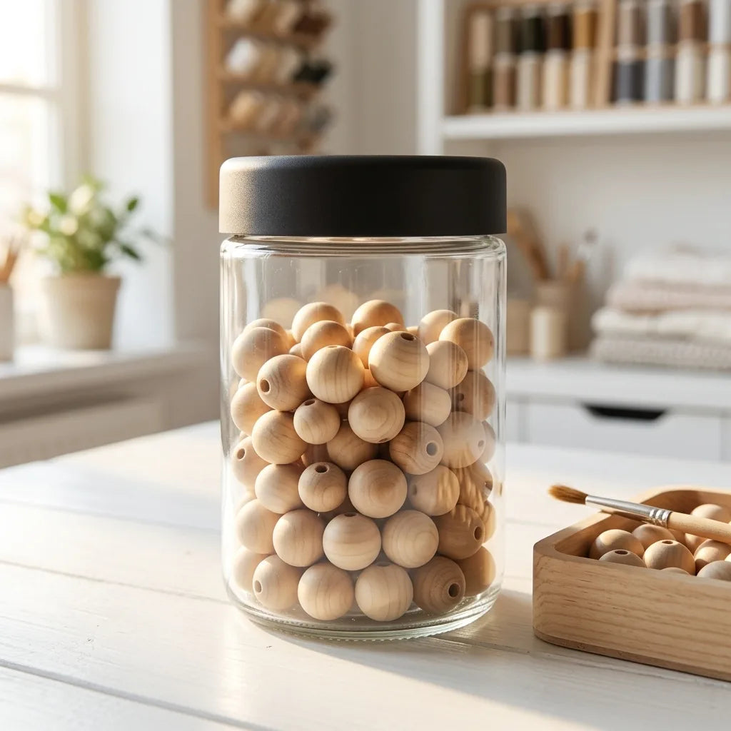 18 oz child-resistant glass jar holding wooden craft beads on a worktable