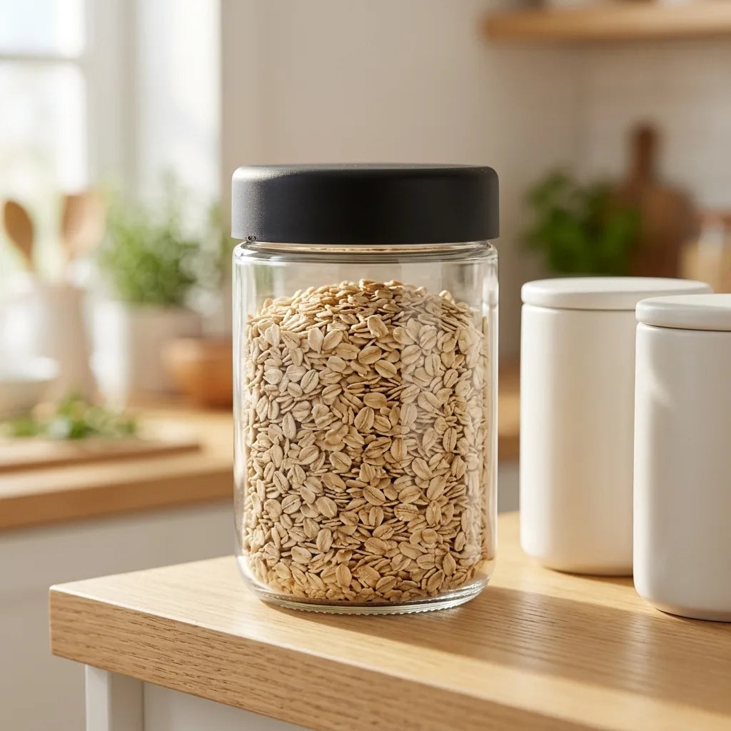 18 oz glass jar with airtight black lid storing rolled oats on a kitchen shelf