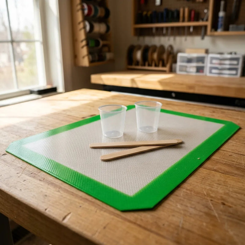 Platinum silicone nonstick pad on a maker workbench with mixing cups and stir sticks