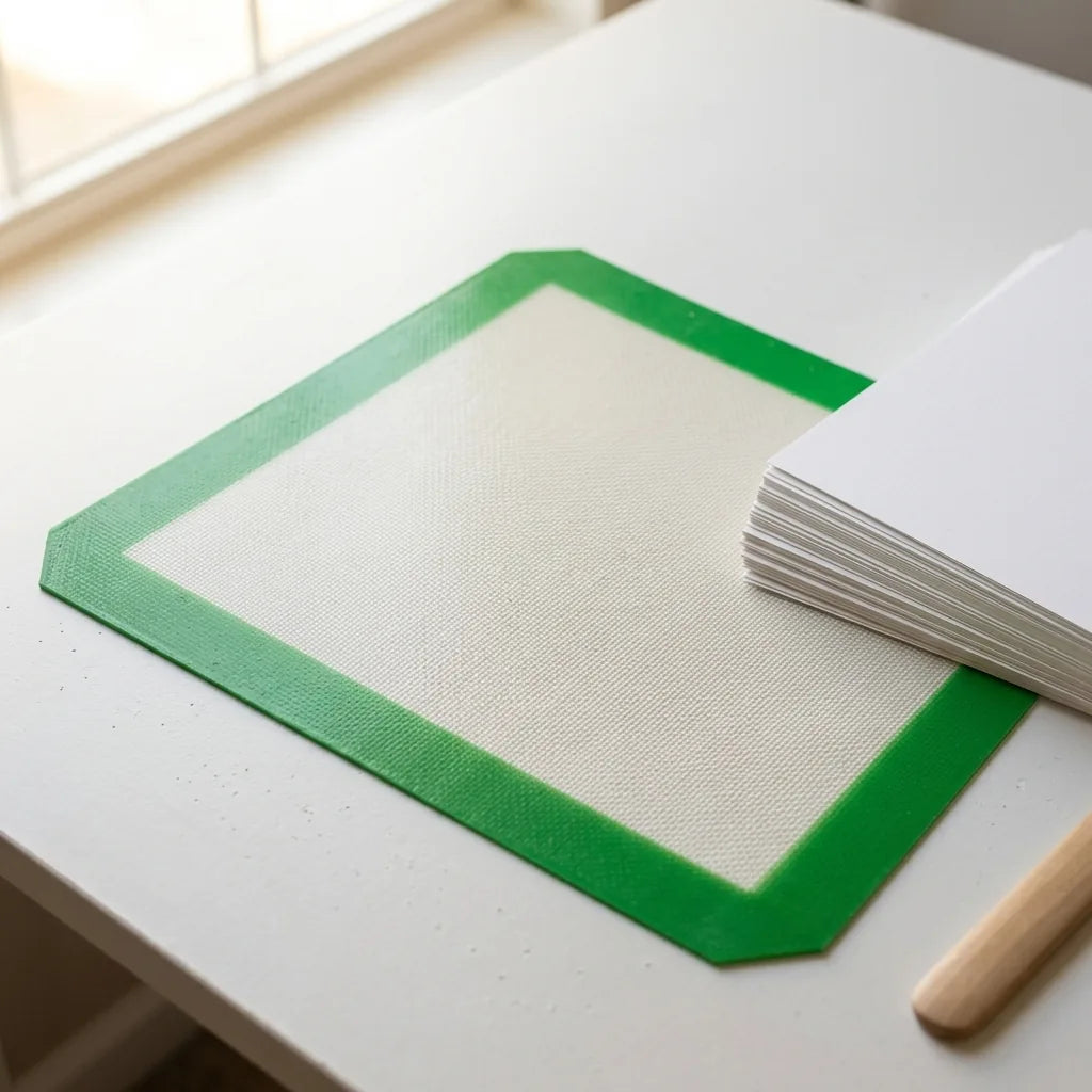 Platinum silicone nonstick pad on a white craft table beside a stack of card stock