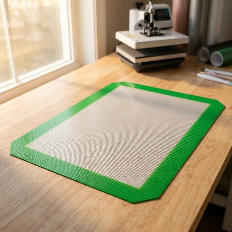 Platinum silicone nonstick pad on a craft table with a heat press in the background