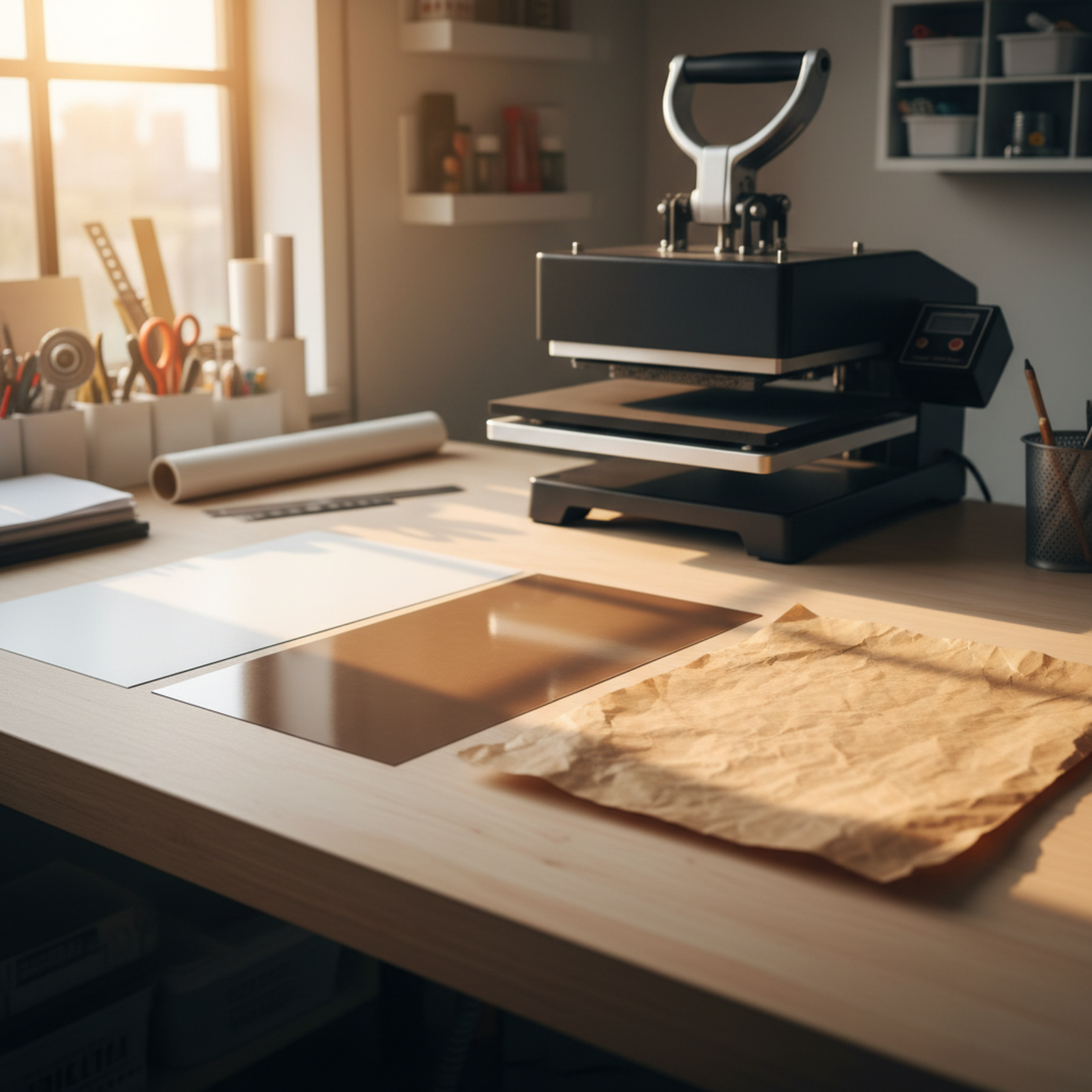 Heat press workspace with silicone release paper, PTFE sheet, and parchment paper