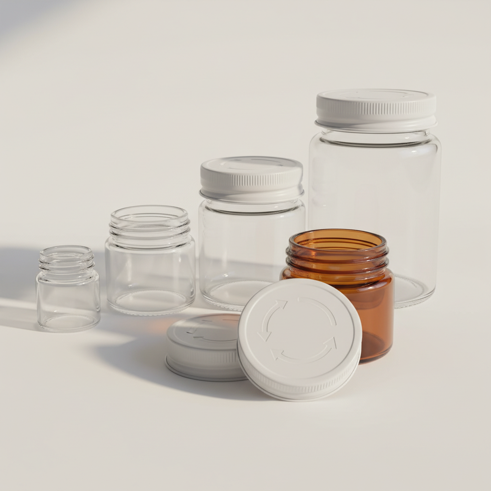 Child-resistant glass jars with push-turn lids in multiple sizes