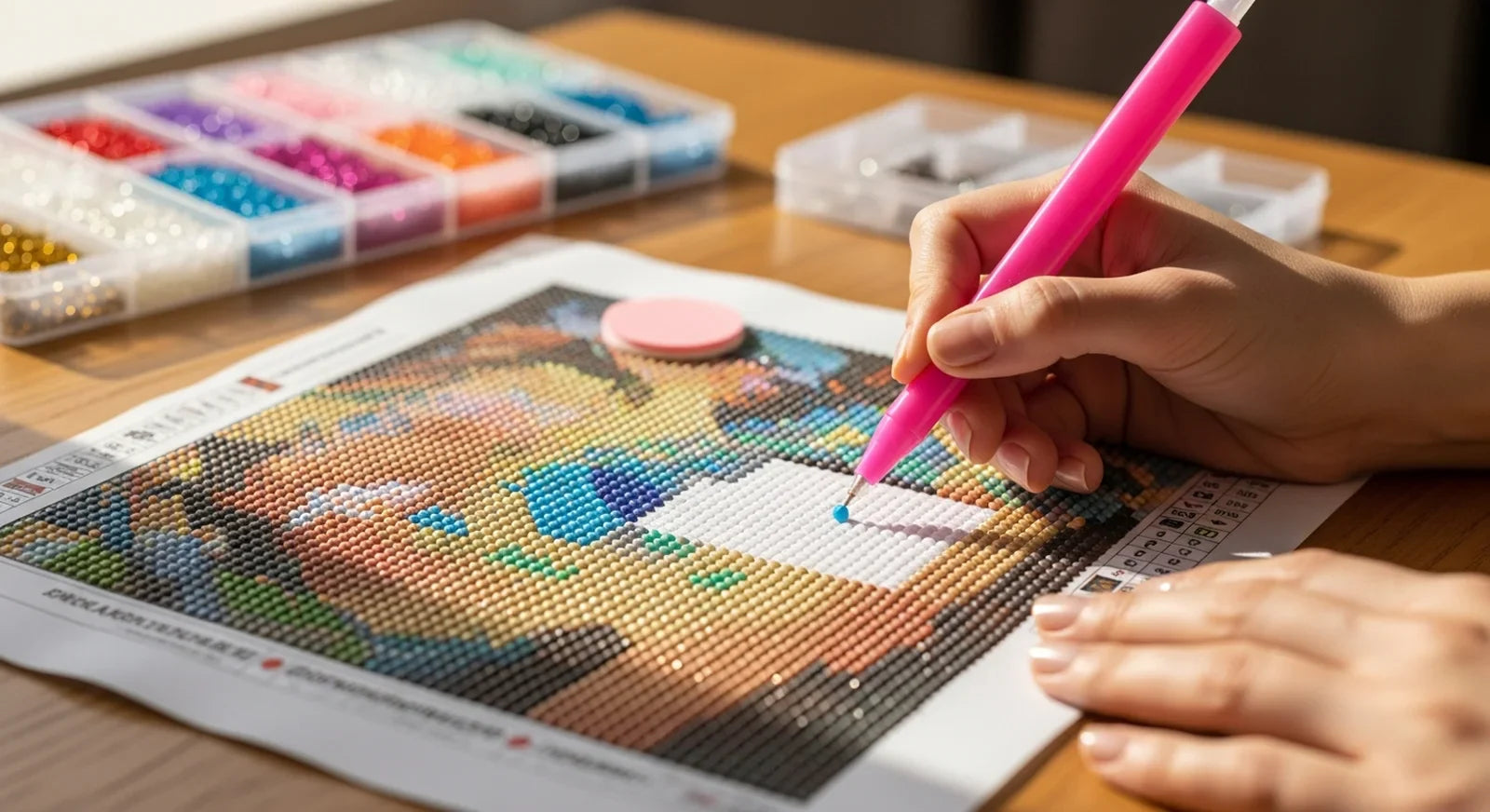 Diamond painting canvas with colorful drills being placed using a pen tool on a craft desk