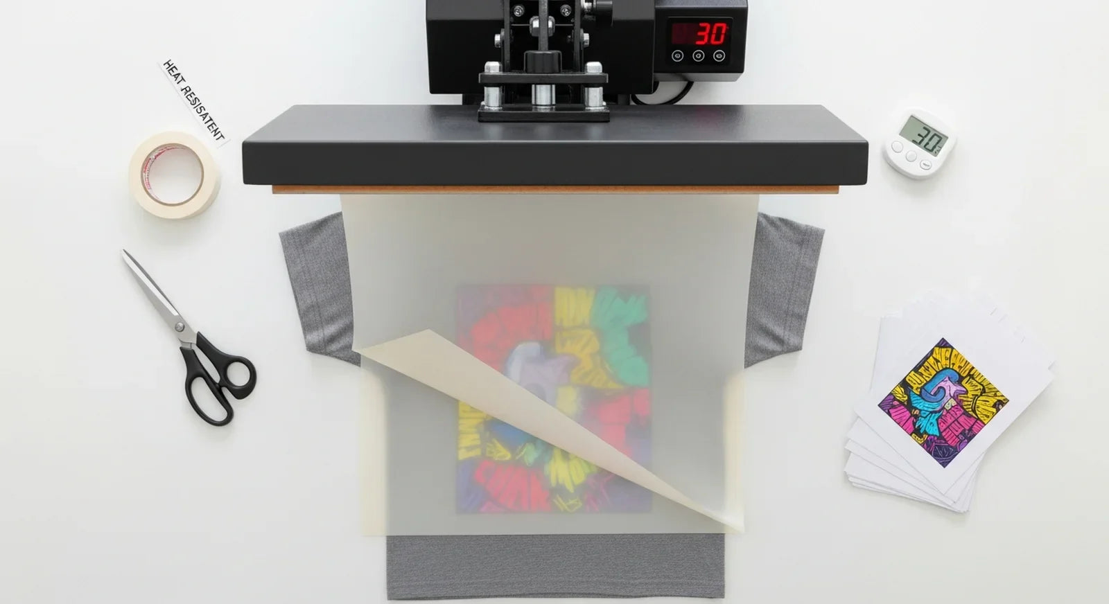Heat press workspace showing PTFE sheet protecting a t-shirt design during pressing