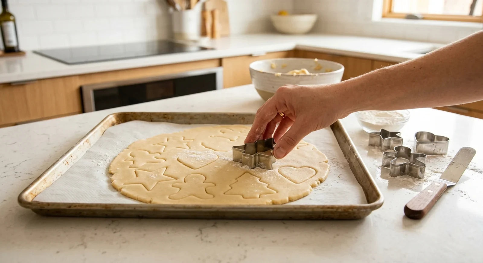 Silicone release paper on sheet pan with cookie dough being cut into shapes