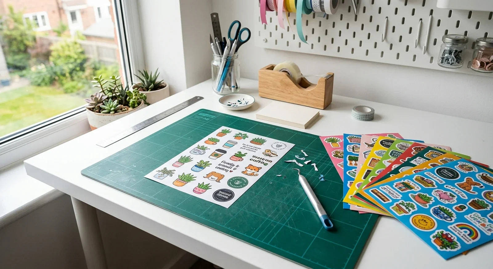 Craft workspace with sticker sheet layout on cutting mat and weeding tools