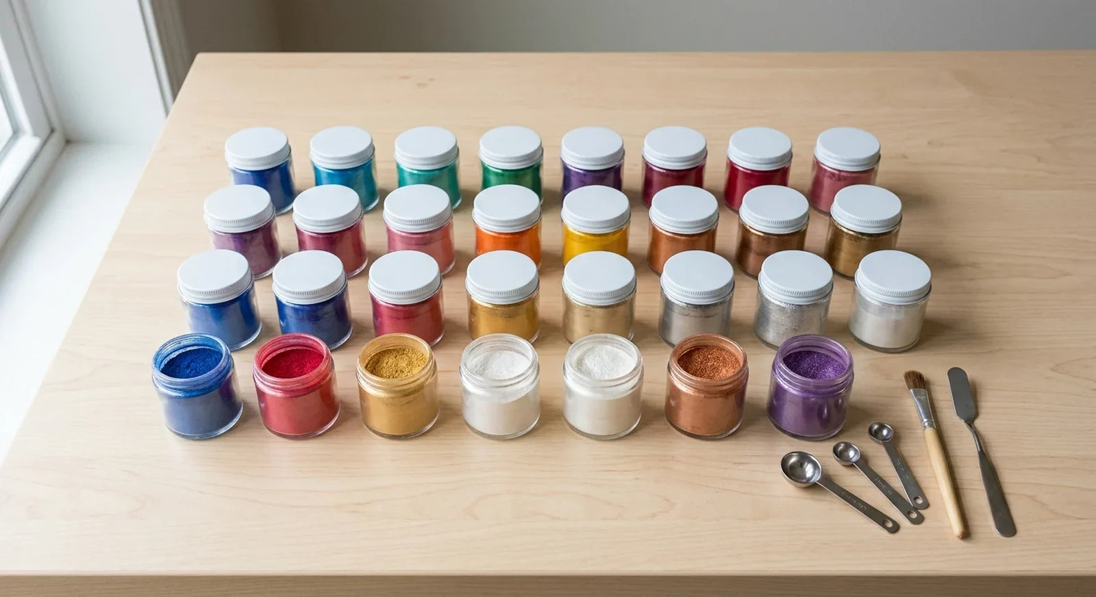 Organized collection of mica powder pigments in small glass jars on a craft workspace