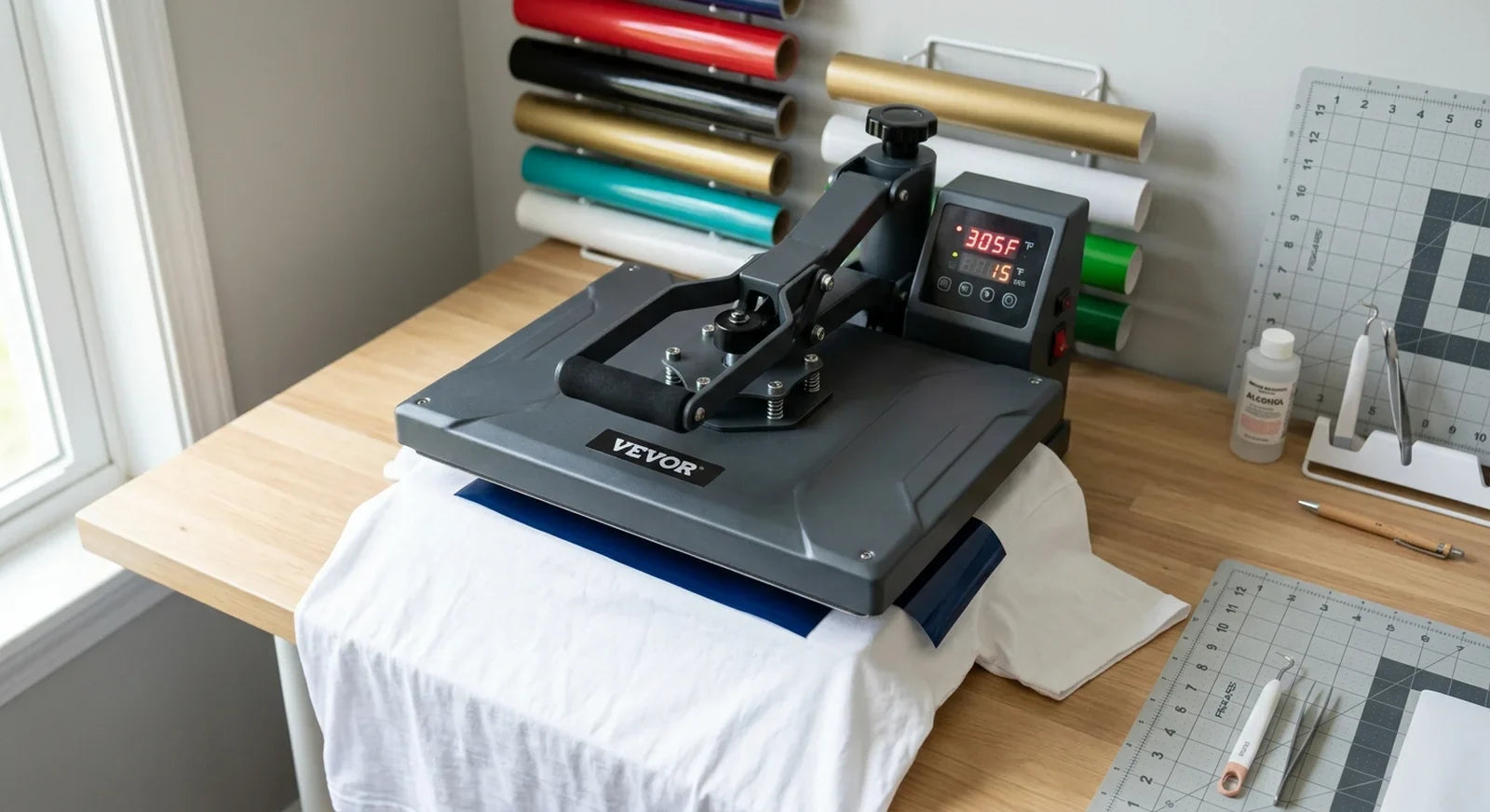 Heat press set to 305F pressing HTV on a white cotton t-shirt