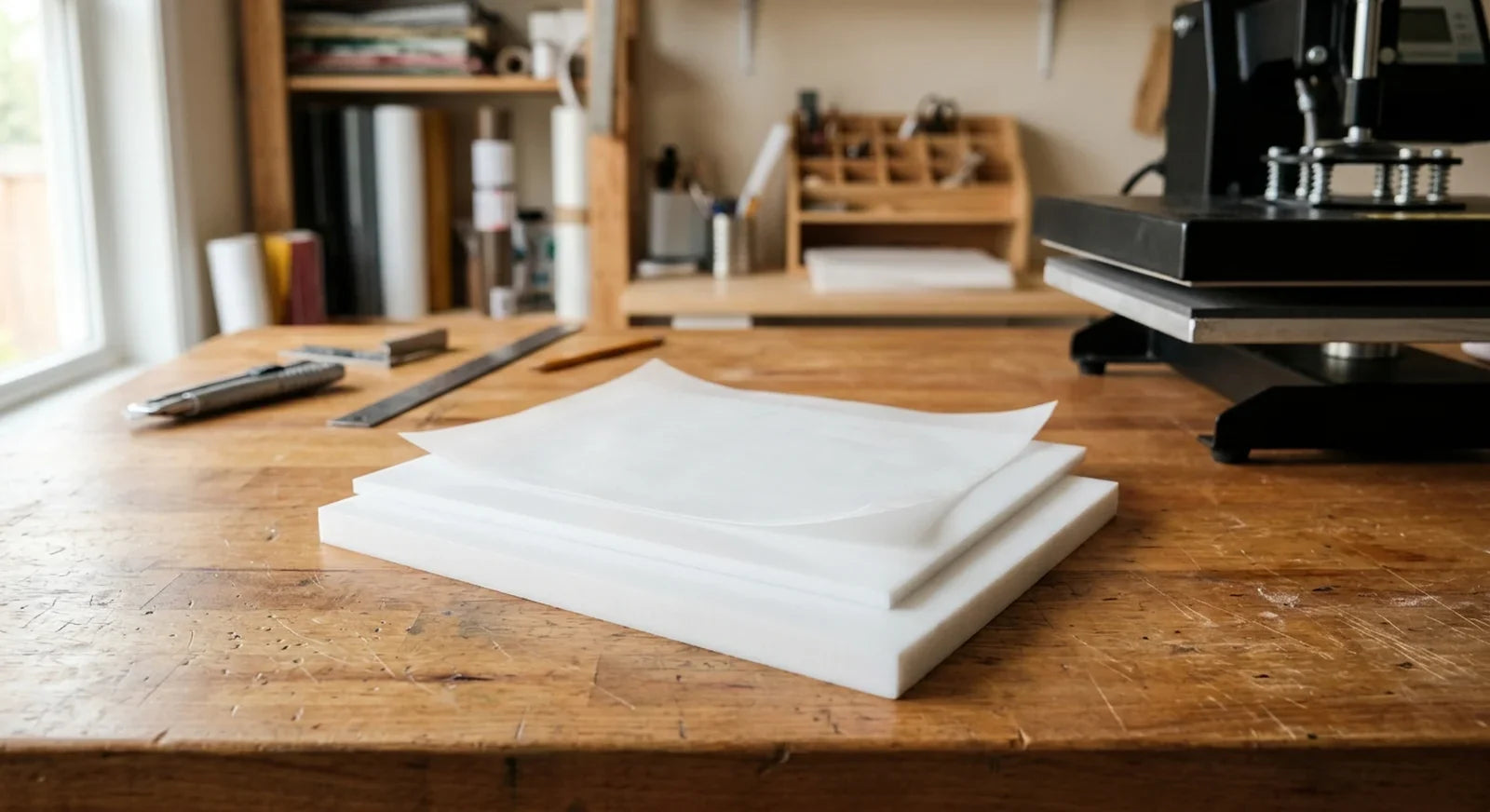 Three thicknesses of PTFE sheets stacked next to a heat press in a craft studio