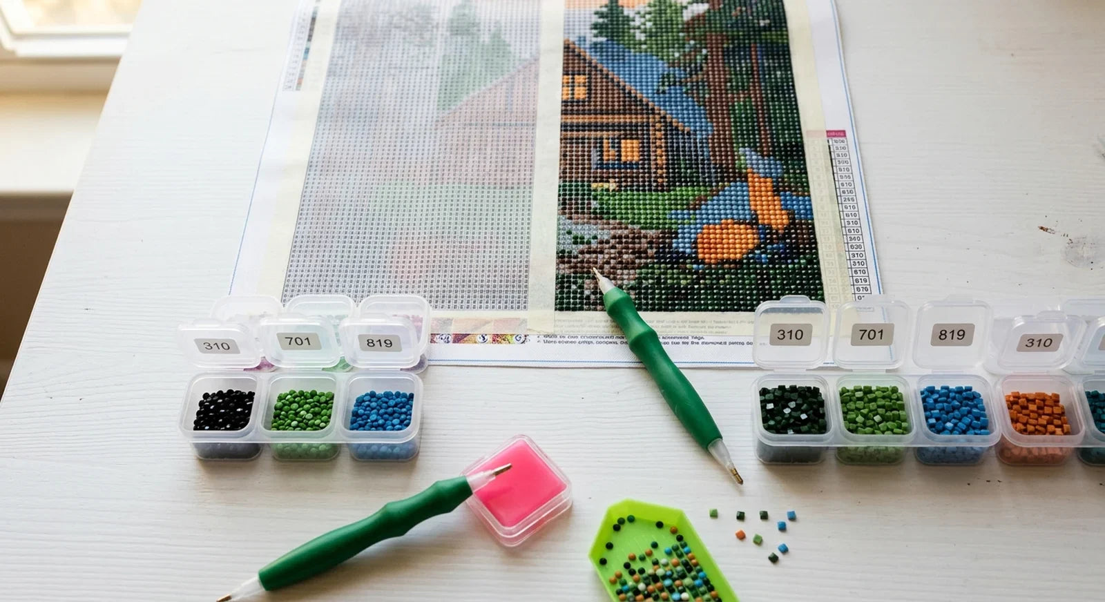 Round and square diamond painting drills compared side by side on a craft workspace
