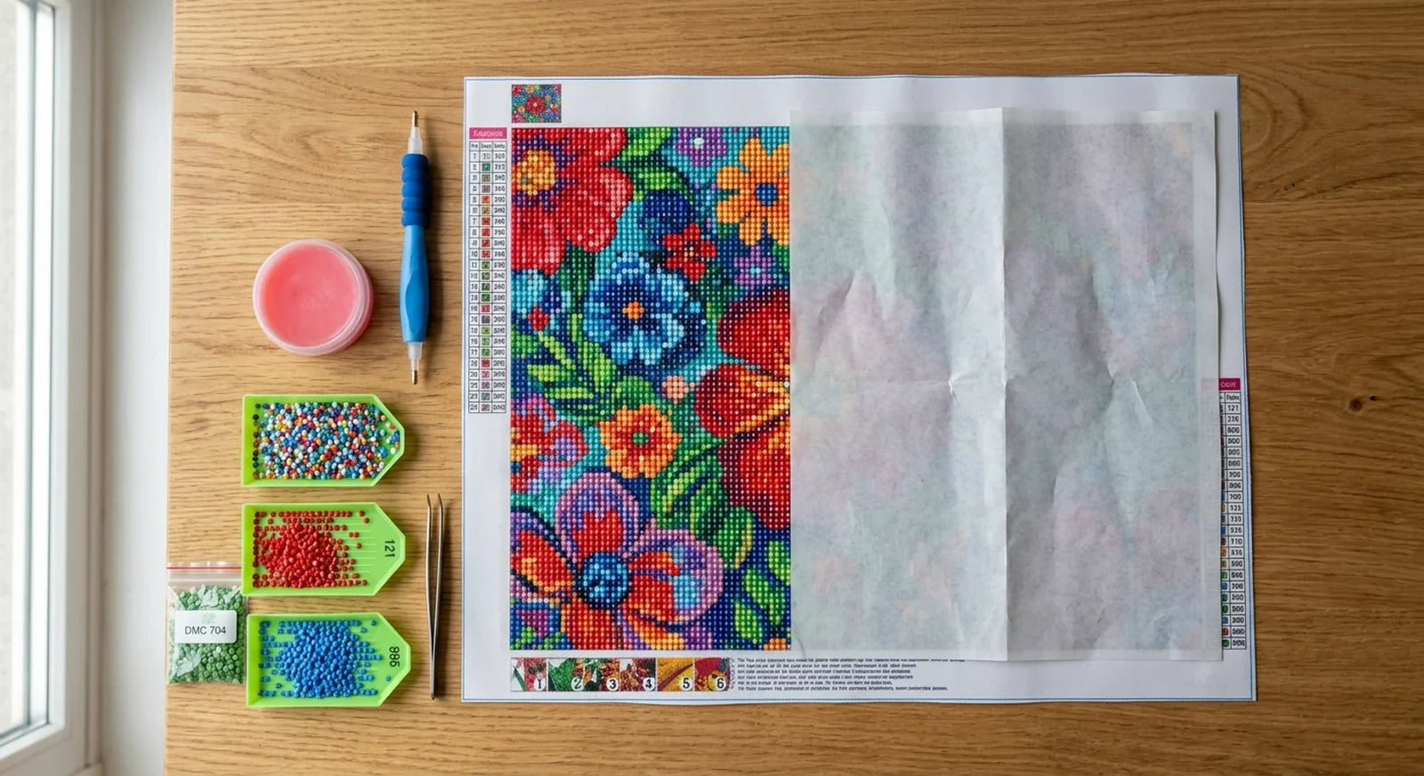 Diamond painting workspace with release paper covering canvas and organized drill trays