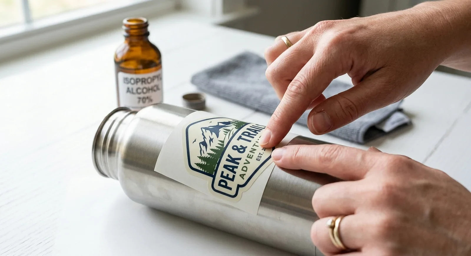 Applying a vinyl sticker to a clean water bottle surface with proper technique