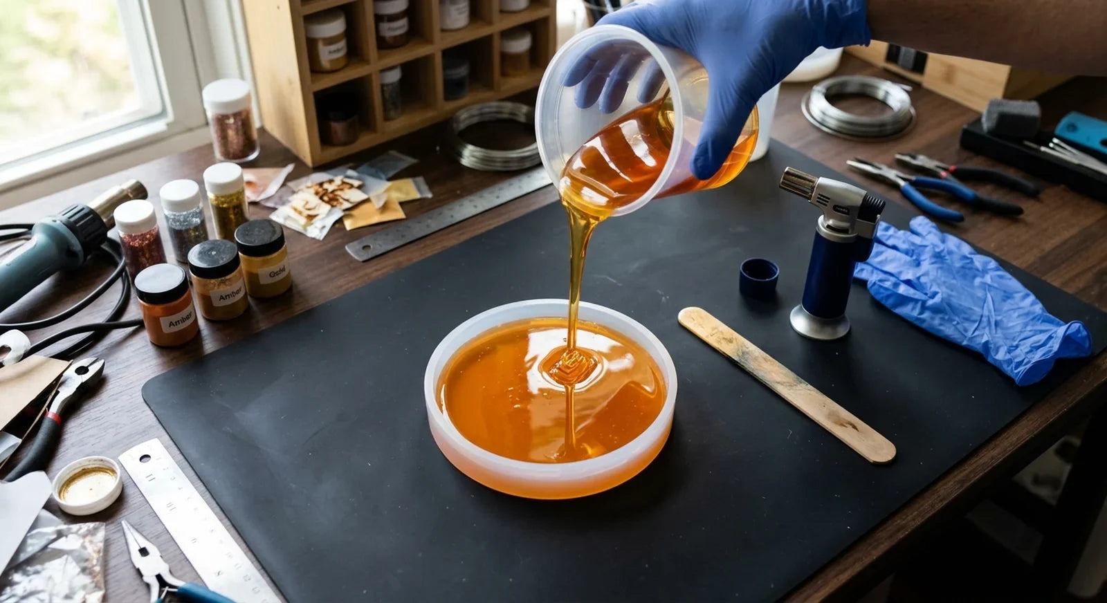 Epoxy resin being poured from a clear mixing cup into a round silicone mold on a matte black silicone work mat