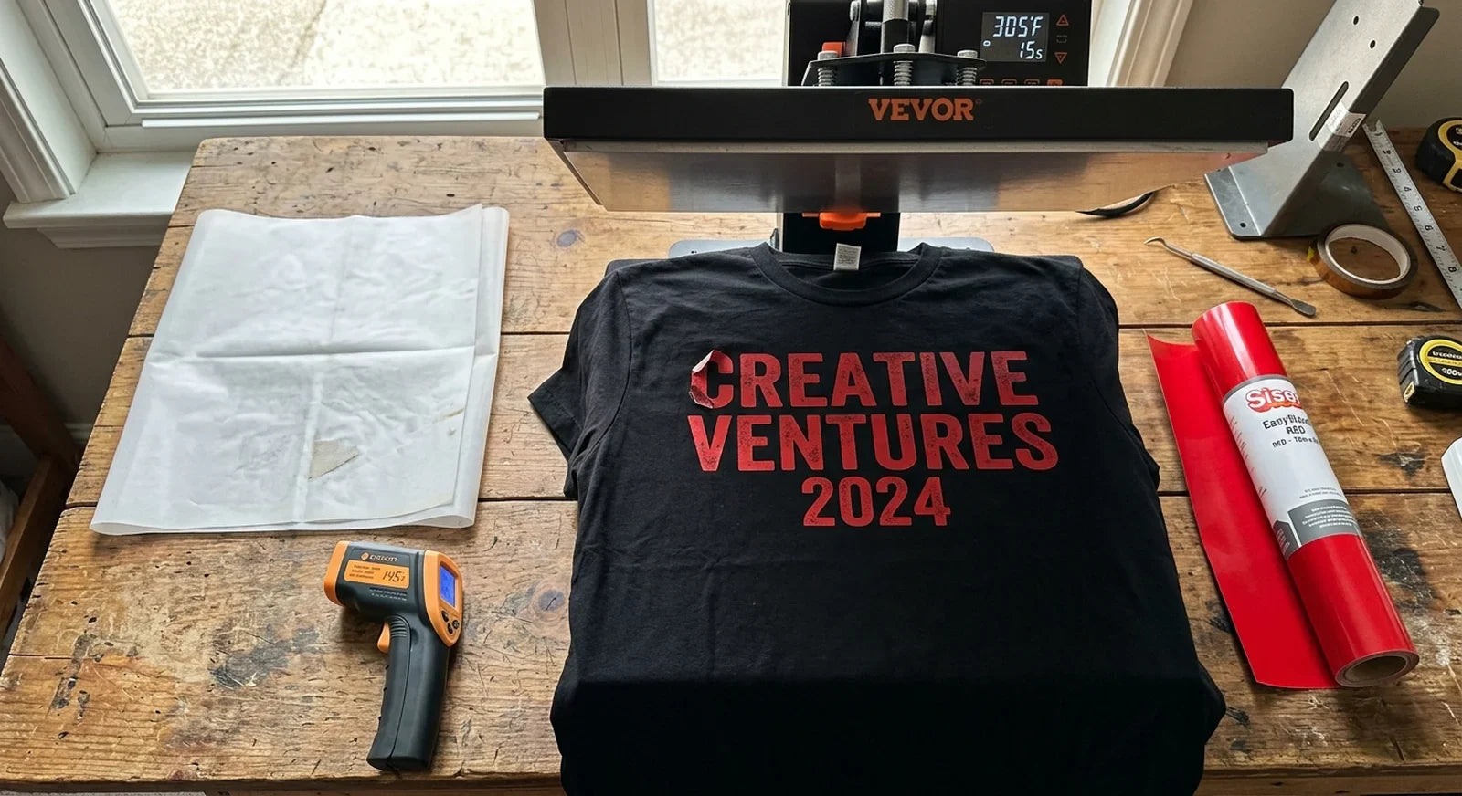 Black cotton t-shirt with peeling red HTV design next to a PTFE sheet and infrared thermometer on a craft table